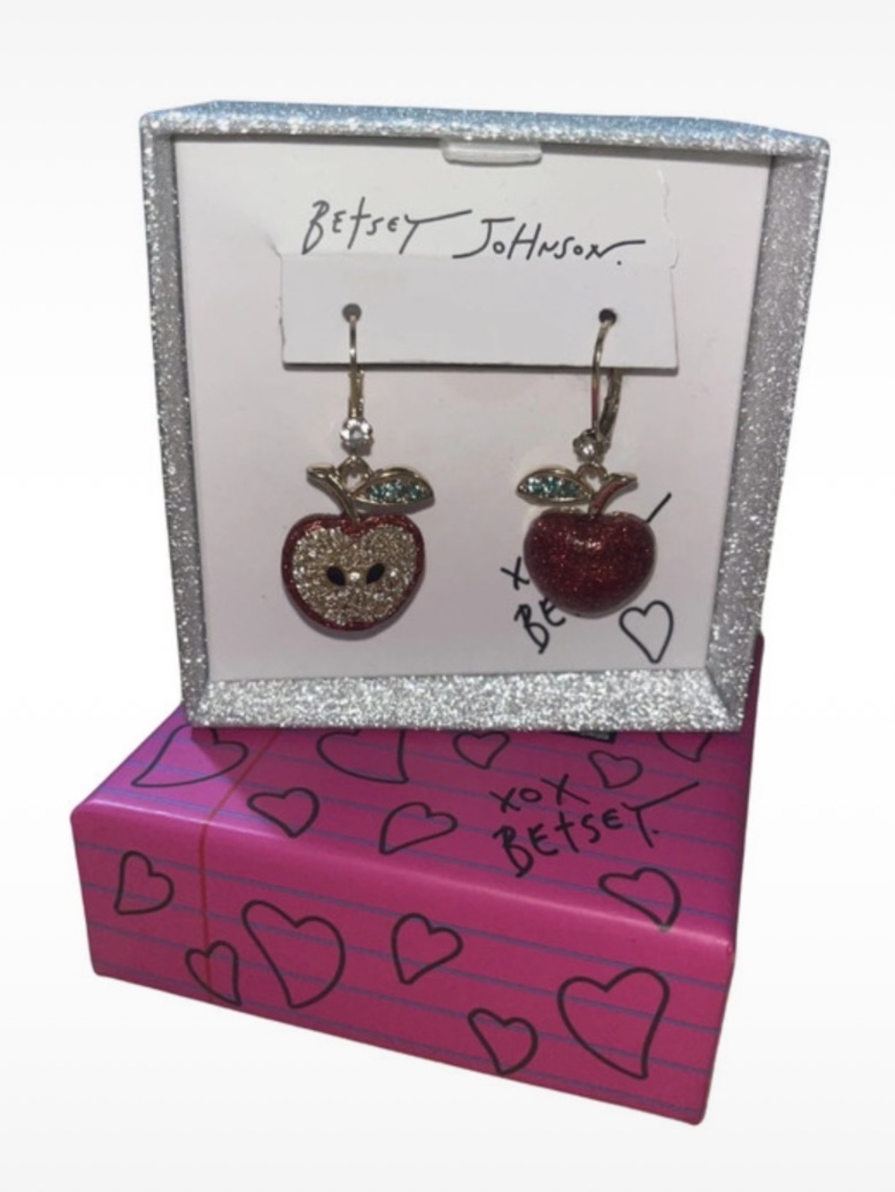 NIB Betsey Johnson Mismatched
Glitter Apple Drop Earrings